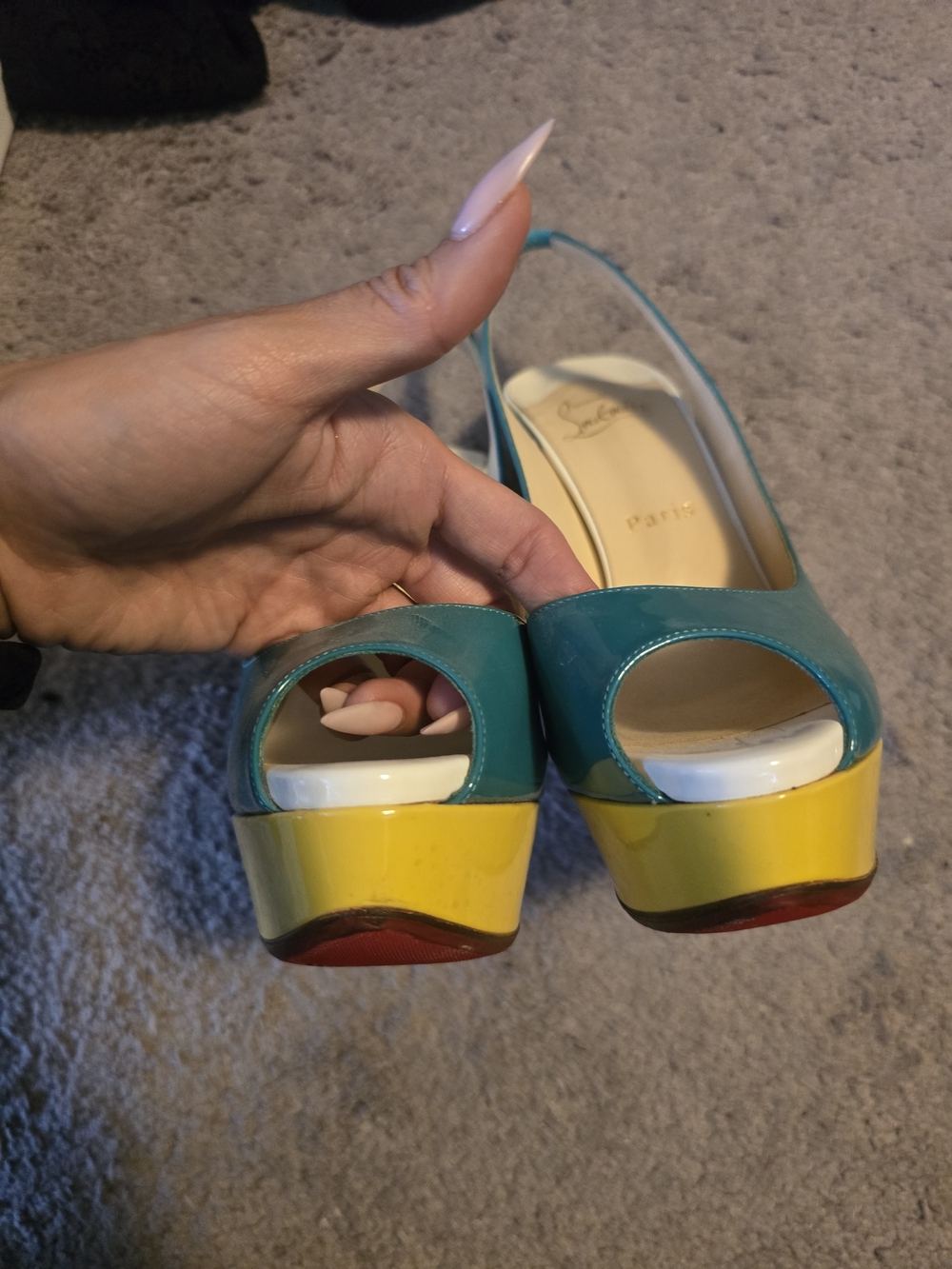 Christian Louboutin Teal and Yellow Patent Peep-Toe Slingback Pumps - Picture 3 of 6